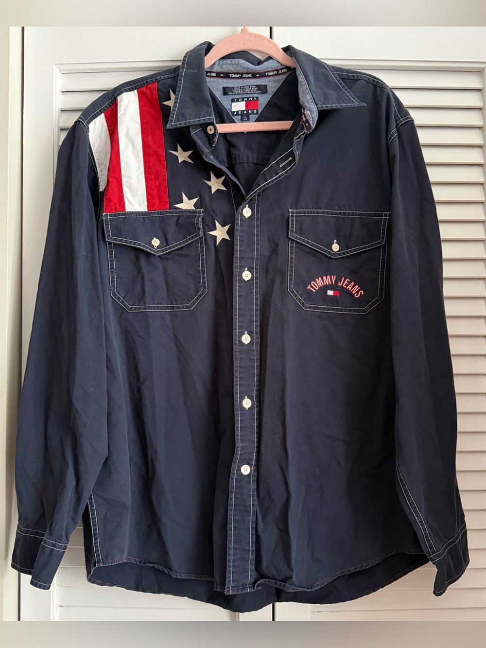 Tommy Hilfiger Navy Button-Down Shirt with Red & White Flag Panel